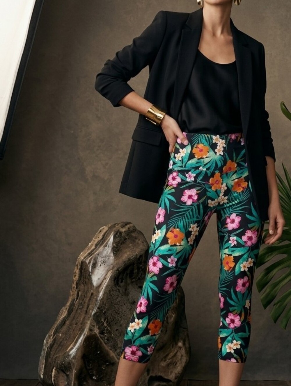 No Boundaries Black Tropical Floral Capri Leggings with Pink & Orange Blooms